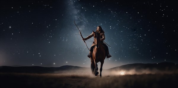 Young man Sagittarius according to the zodiac sign with a bow in his hands with dark hair and green eyes against the background of the starry sky.AI generated