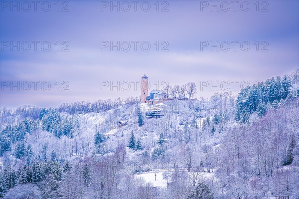 View of the Fuchsturm on the Kernberge in winter with snow, Jena, Thuringia, Germany, Europe