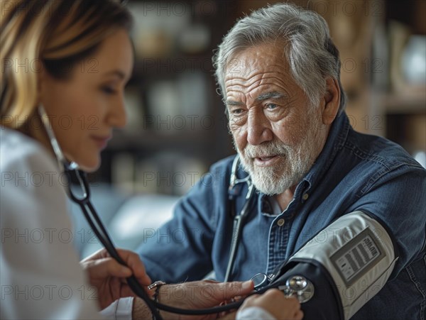 A man checks his blood pressure with a measuring device. Avoidance of bulk hypertension, scarcity, precaution, AI generated