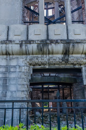 Closeup of side of A-bomb dome, remains of building from world war 2 in Hiroshima, Japan, Asia