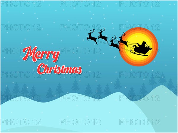 A festive Christmas scene with Santa's sleigh flying over snowy landscape