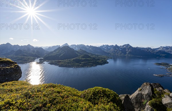 View of Ulvagsundet fjord and mountains, view from the summit of Dronningsvarden or Stortinden, Sonnenstern, Vesteralen, Norway, Europe