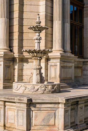 Fountain at base of clock tower in Istanbul park commissioned by Sultan Abdulhamid II in the early 19th century in Istanbul, Tuerkiye