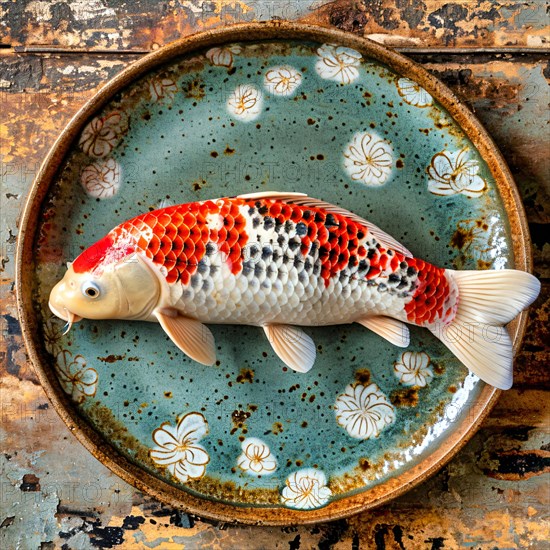 A koi carp with the colours white, red and black lies without water on a very small glazed clay plate, KI generated, AI generated