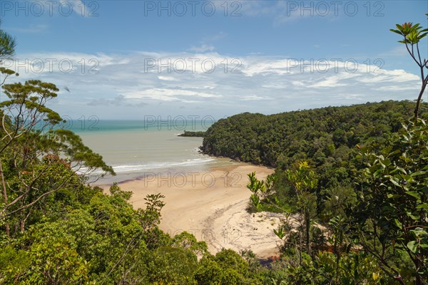 Bako national park, sea sandy beach, sunny day, blue sky and sea. Vacation, travel, tropics concept, no people, Malaysia, Kuching, Asia