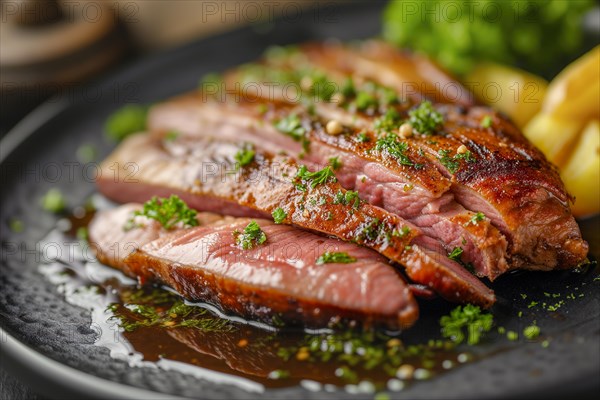 Duck breast with caramelised crust and herb garnish on a black plate, KI generated, AI generated