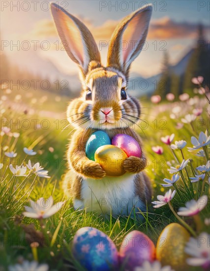 Cute bunny character holding colorful Easter eggs among blooming flowers on the spring meadow. Generative AI art, AI generated