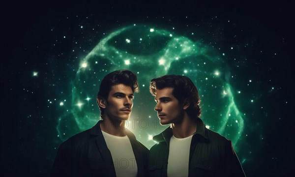 Young man Gemini by zodiac sign with dark hair and green eyes against the background of the starry sky.AI generated