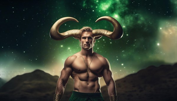 Young male Taurus zodiac sign with Taurus horns with blond hair and green eyes against the background of the starry sky.AI generated