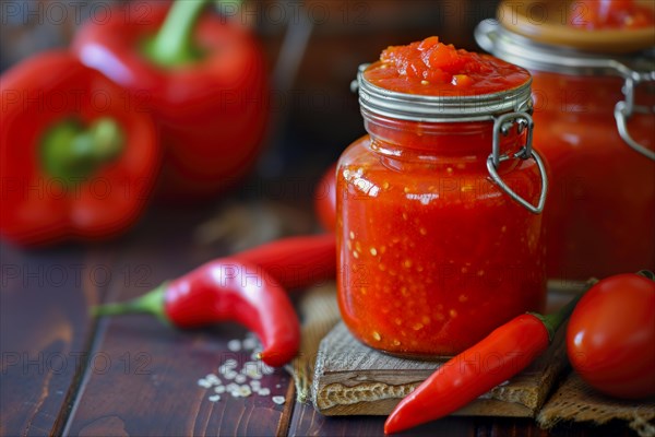 Chilli pepper jam in a preserving jar with metal lid on a wooden table, KI generated, AI generated