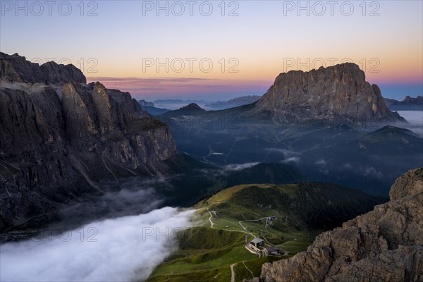 Blue hour with peaks of the Sella massif, Corvara, Dolomites, Italy, Europe