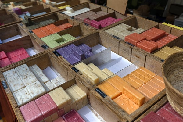 Scented soaps on a market stall in the old town centre, Genoa, Italy, Europe