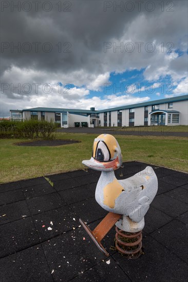 Playground and housing estate, Asbru, former U.S. Naval Air Station Keflavik, Reykjanes Peninsula, Iceland, Europe