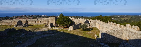 Panoramic picture, overview of a fortress with a view of the sea and the horizon, Chlemoutsi, high medieval crusader castle, Kyllini peninsula, Peloponnese, Greece, Europe