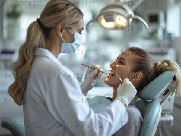 A patient is treated in a dental practice by a dentist, AI generated