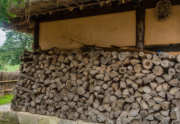 Firewood logs stacked neatly next to exterior wall of old thatched roof building in public park in South Korea