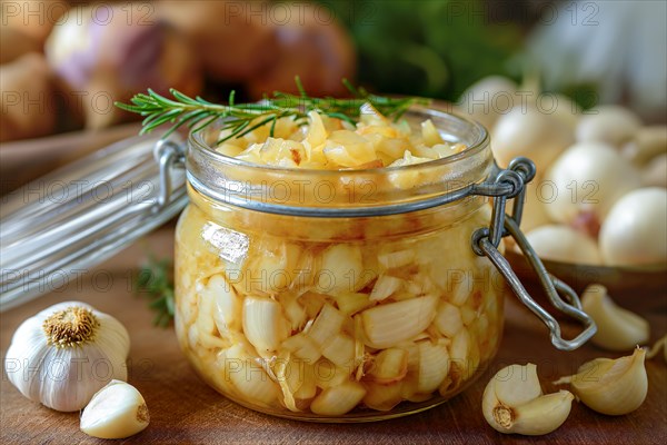 An open glass jar with pickled garlic and onions, surrounded by fresh ingredients and rosemary, AI generated, AI generated