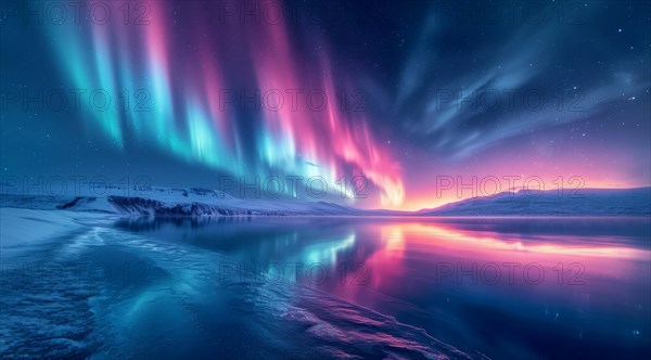Stunning purple and blue aurora borealis reflecting on a snow-covered serene landscape, AI generated