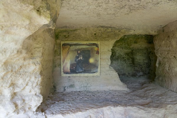 Painting in a rock niche within an eroded cave wall, prayer room, Aladja Monastery, Aladja Monastery, Aladzha Monastery, medieval rock monastery, cave monastery in limestone cliff, Varna, Black Sea coast, Bulgaria, Europe