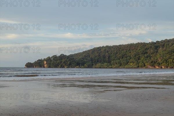 Bako national park, sea sandy beach, overcast, cloudy day, sky and sea. Vacation, travel, tropics concept, no people, Malaysia, Kuching, Asia