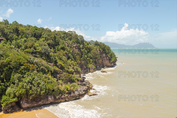 Bako national park, sea sandy beach, sunny day, blue sky and sea. Vacation, travel, tropics concept, no people, Malaysia, Kuching, Asia