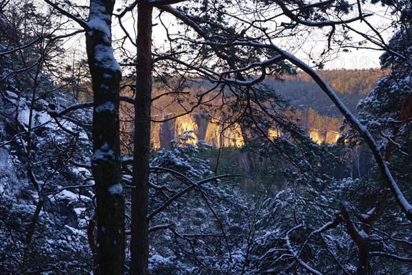 Elbe Sandstone Mountains in winter, view from Rauenstein, Saxony, Germany, Europe