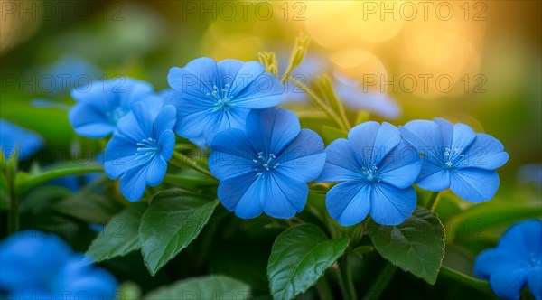 Intense Ceratostigma willmottianum Forest Blue flowers against green foliage with a gentle bokeh background, AI generated