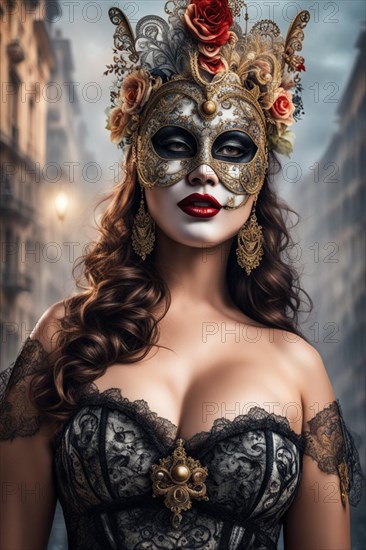 Elegantly dressed woman in a detailed Venetian mask with red rose, embodying the mysterious spirit of a carnival AI GENERATED, AI generated