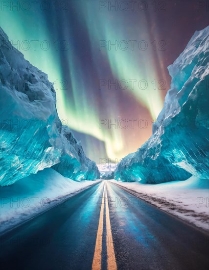 Straight asphalt road piercing a glacier land with huge ice crystal cliffs grown out of snow. Northern lights in the arctic sky. Generative AI art, AI generated