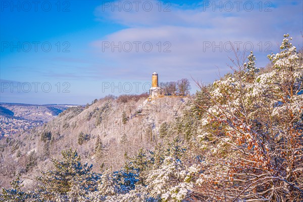 View of the Fuchsturm on the Kernberge in winter with snow, Jena, Thuringia, Germany, Europe