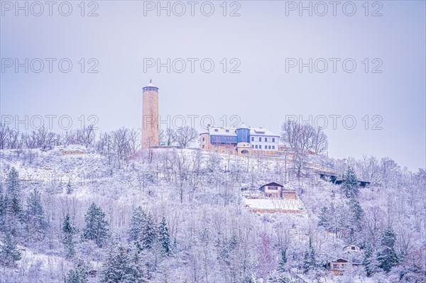 View of the Fuchsturm on the Kernberge in winter with snow, Jena, Thuringia, Germany, Europe