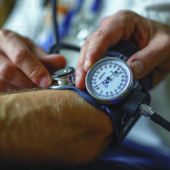 A man checks his blood pressure with a measuring device. Avoidance of bulk hypertension, scarcity, precaution, AI generated