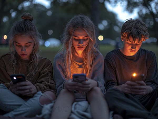 Several young people look bored at their cell phones, neglect social contacts, sport, reading, AI generated