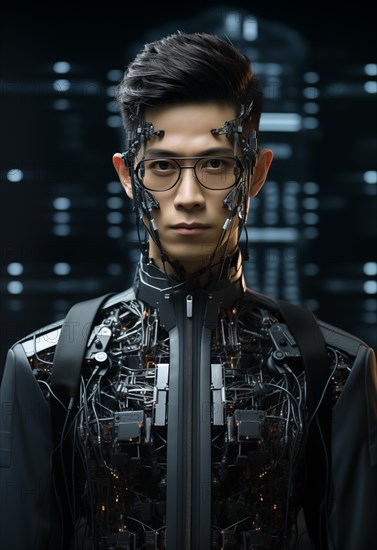 Portrait of a man with cybernetic implants and visible electronics on a futuristic background, bionics, cyborgisation, fusion with technology, transhumanism, AI generated, AI generated