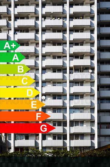 Facade of a high-rise building, graphic with energy efficiency classes for buildings according to the GEG, Duesseldorf, Germany, energy efficiency, Europe