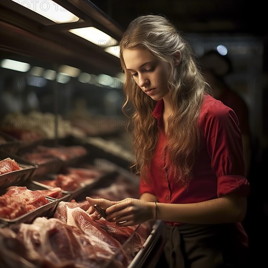 Young woman shopping in supermarket, at the cheese counter, meat counter, fruit stand, bakery, fish counter and shoe store, AI generated