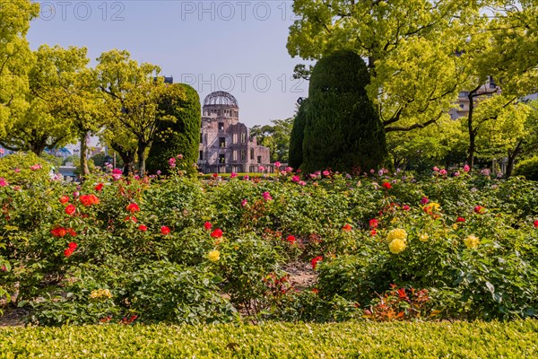 Landscape of flower garden at Peace Memorial Park with A-bomb dome in background in Hiroshima, Japan, Asia