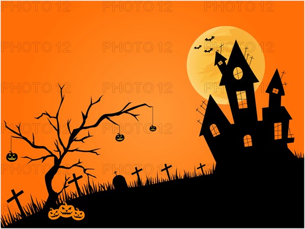Halloween theme with haunted house silhouette, full moon, and flying bats