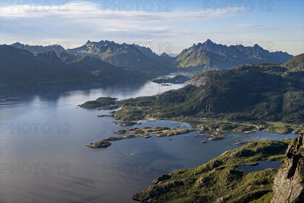 Fjord Raftsund and mountains, view from the top of Dronningsvarden or Stortinden, Vesteralen, Norway, Europe