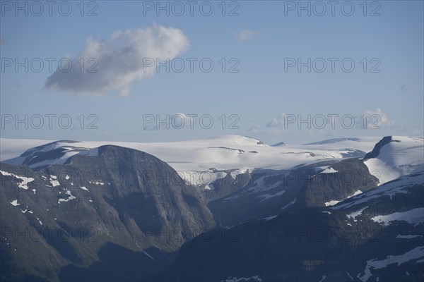 Mountain peak with Jostedalsbreen glacier, view from the summit of Skala, Loen, Norway, Europe