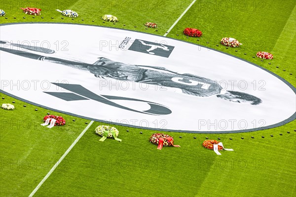 Banner with Franz Beckenbauer and wreaths of flowers, funeral service of FC Bayern Munich for Franz Beckenbauer, Allianz Arena, Froettmaning, Munich, Upper Bavaria, Bavaria