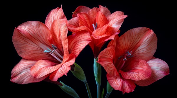 Close-up of red Butterfly sword lily, Gladiolus papilio blooms with a dramatic black background, AI generated