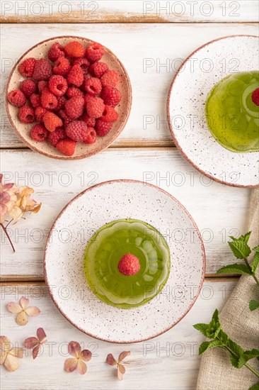 Mint and raspberry green jelly on white wooden background. top view, flat lay, close up