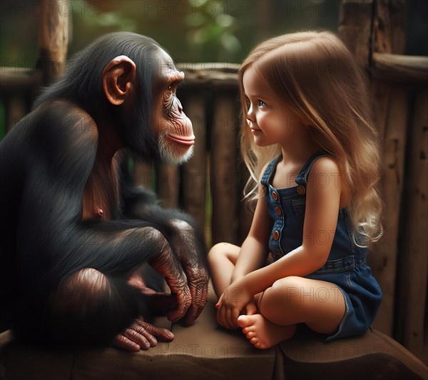 A chimpanzee and a little girl sit opposite each other and gaze intently at each other, AI generated, AI generated