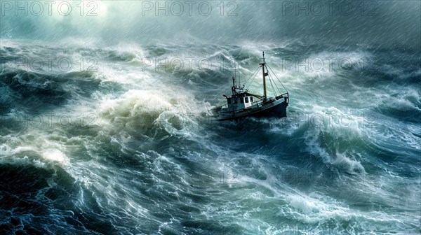 A heavy storm sweeps over the sea and creates very high waves at wind force 12 and in the middle of it a small fishing boat, AI generated, AI generated