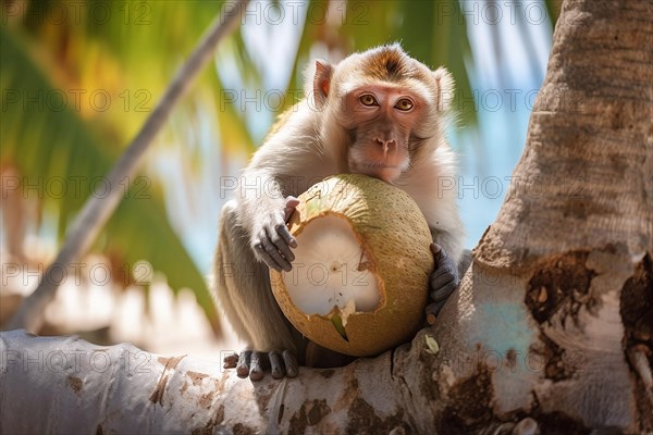 Macaques monkey with coconut in palm tree. KI generiert, AI generated