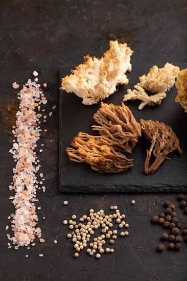 Raw Sparassis (Cauliflower Mushroom), Hericium, Clavaria (coral mushroom) on black concrete background with salt and spices. Side view