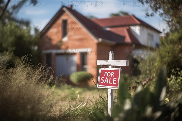 For Sale sign in front of blurry residential home building. KI generiert, generiert AI generated