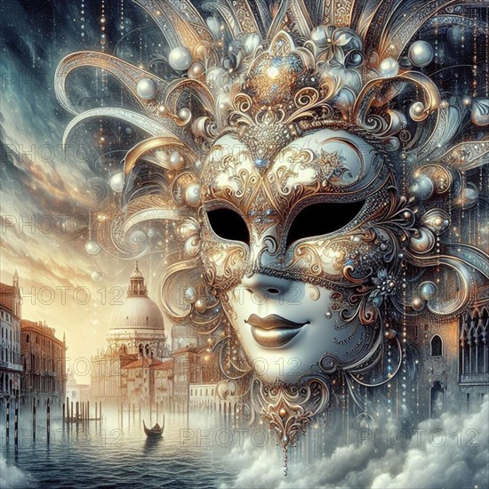 An opulent mask with pearls floating among clouds above Venice ai generated, AI generated