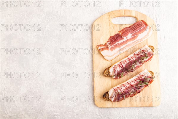 Bread sandwiches with jerky salted meat and lard with beet microgreen on gray concrete background. top view, flat lay, copy space